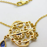 9ct Gold Victorian Revival, Sapphire & Seed Pearl Lavalier Drop Necklace Vintage