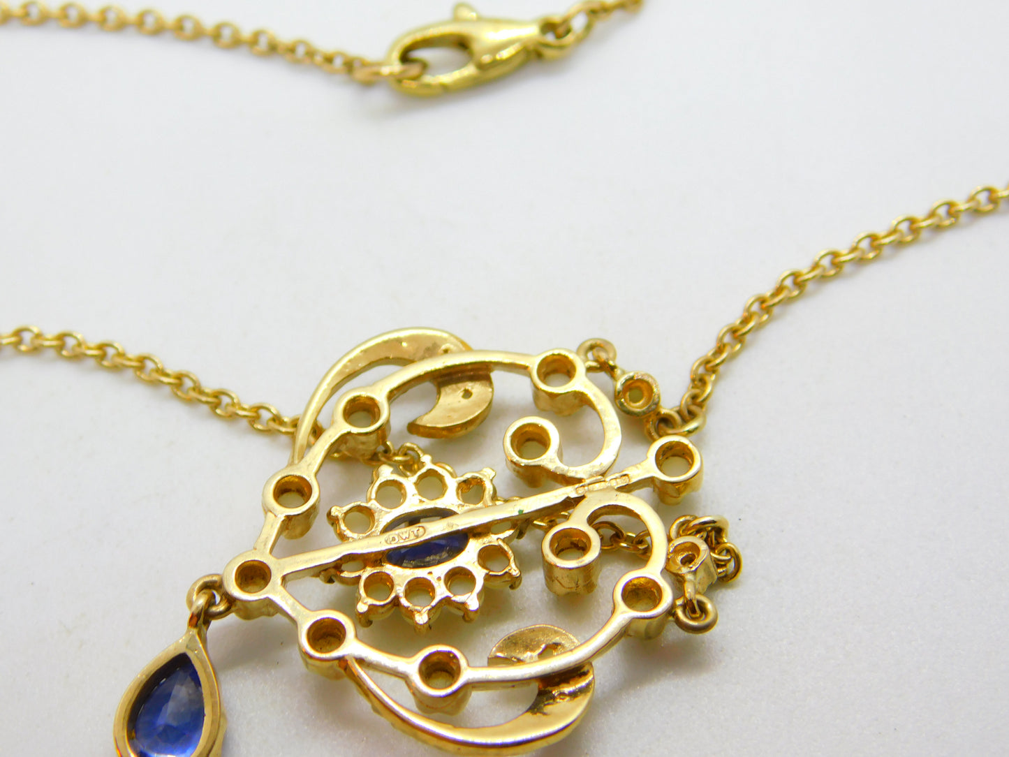 9ct Gold Victorian Revival, Sapphire & Seed Pearl Lavalier Drop Necklace Vintage