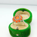 Sterling Silver Red Coral & Marcasite Floral Cluster Ring Antique c1920 Art Deco
