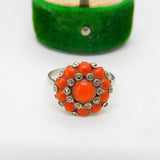 Sterling Silver Red Coral & Marcasite Floral Cluster Ring Antique c1920 Art Deco