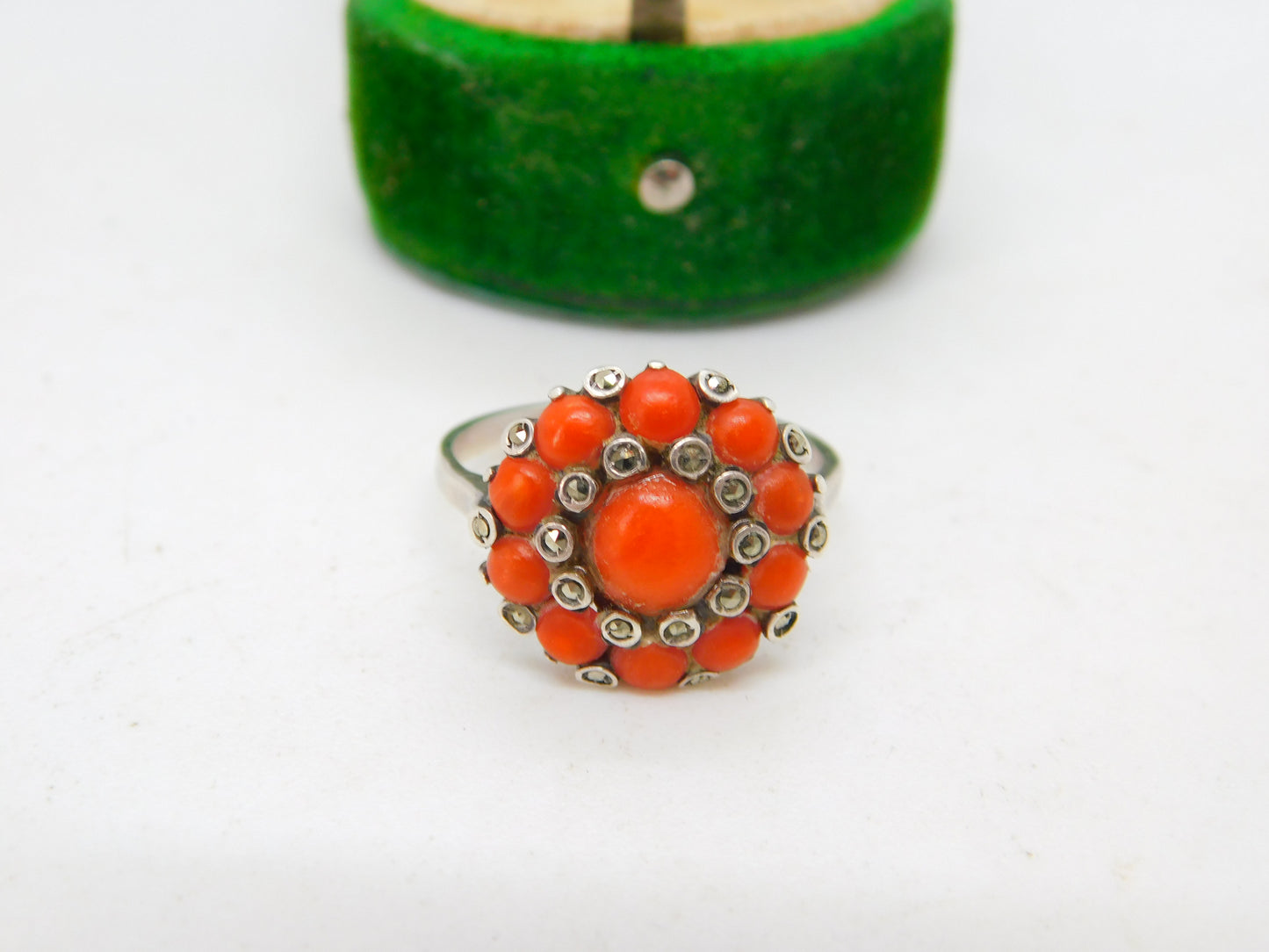 Sterling Silver Red Coral & Marcasite Floral Cluster Ring Antique c1920 Art Deco