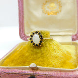 9ct Yellow Gold, Cabochon Opal & Sapphire Floral Cluster Ring 1987 Birmingham