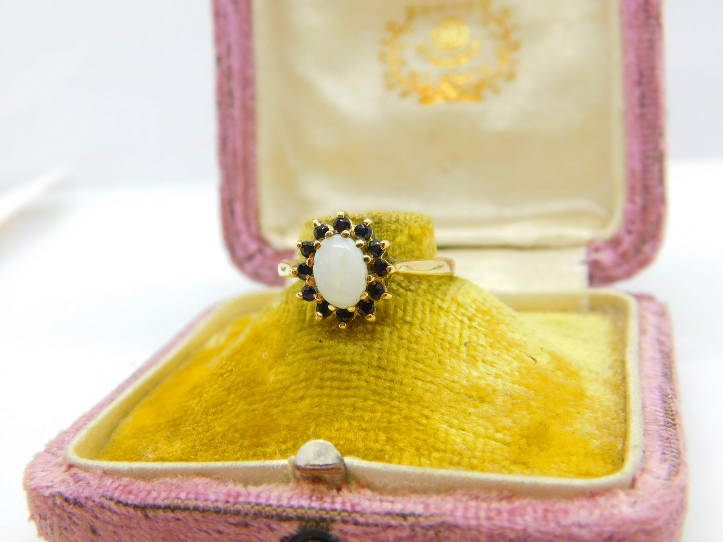 9ct Yellow Gold, Cabochon Opal & Sapphire Floral Cluster Ring 1987 Birmingham