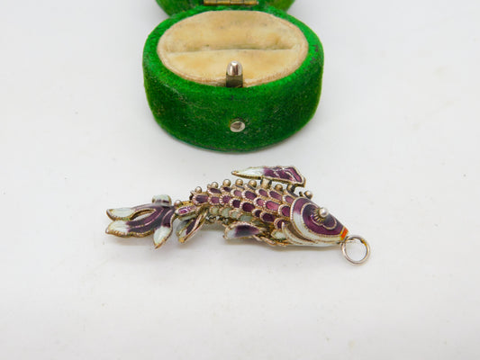 Chinese Export Sterling Silver Purple Enamel Articulated Fish Pendant Vintage