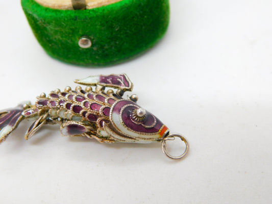 Chinese Export Sterling Silver Purple Enamel Articulated Fish Pendant Vintage