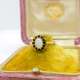 9ct Yellow Gold, Cabochon Opal & Sapphire Floral Cluster Ring 1987 Birmingham