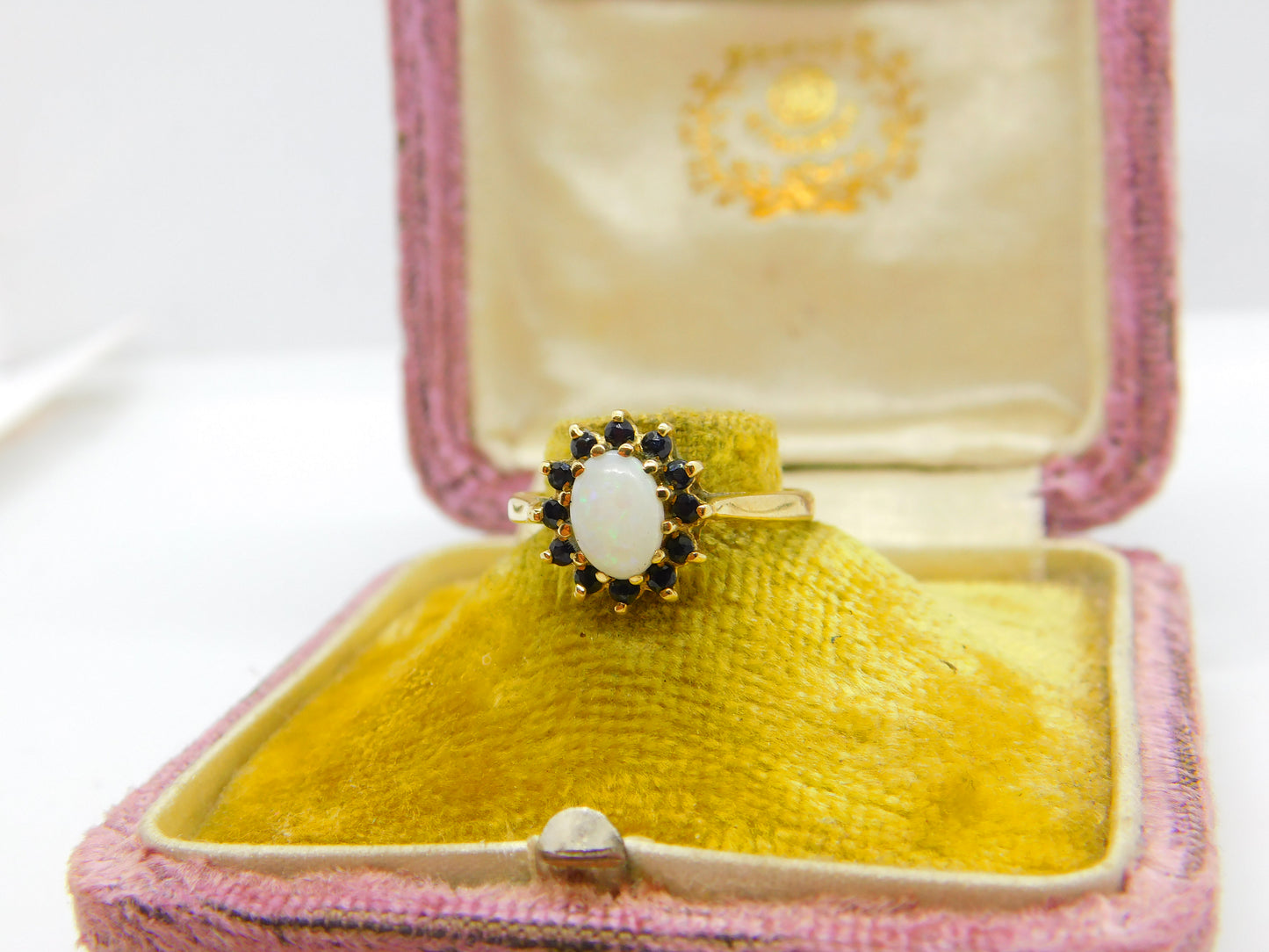 9ct Yellow Gold, Cabochon Opal & Sapphire Floral Cluster Ring 1987 Birmingham