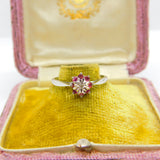9ct White Gold, Ruby & Diamond Floral Cluster Ring 1977 Birmingham Vintage