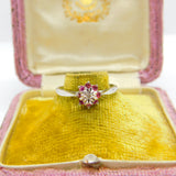 9ct White Gold, Ruby & Diamond Floral Cluster Ring 1977 Birmingham Vintage