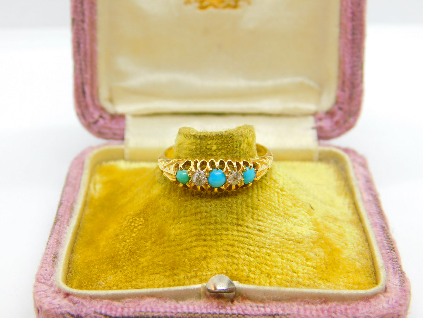 Edwardian 18ct Gold, Turquoise & 0.2ct Diamond Boat Ring 1902 London Antique