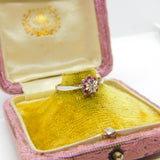 9ct White Gold, Ruby & Diamond Floral Cluster Ring 1977 Birmingham Vintage