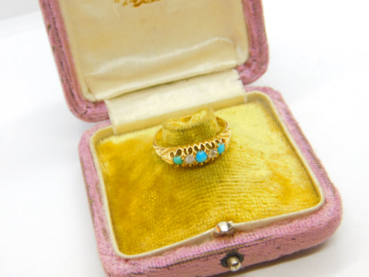 Edwardian 18ct Gold, Turquoise & 0.2ct Diamond Boat Ring 1902 London Antique