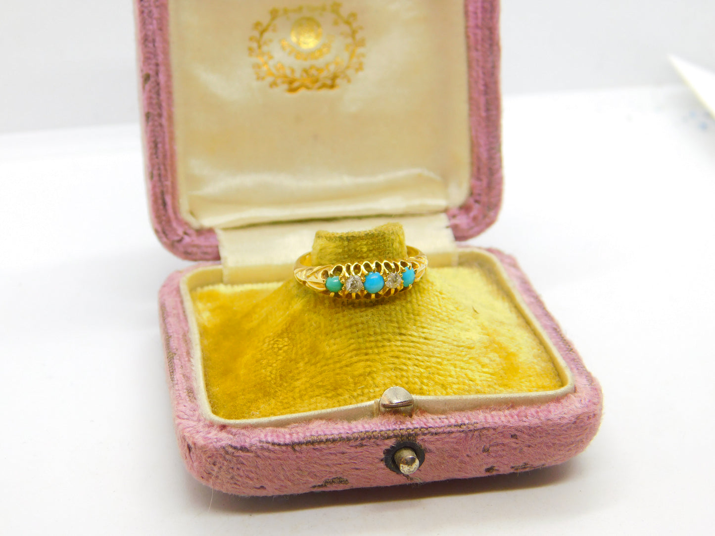 Edwardian 18ct Gold, Turquoise & 0.2ct Diamond Boat Ring 1902 London Antique