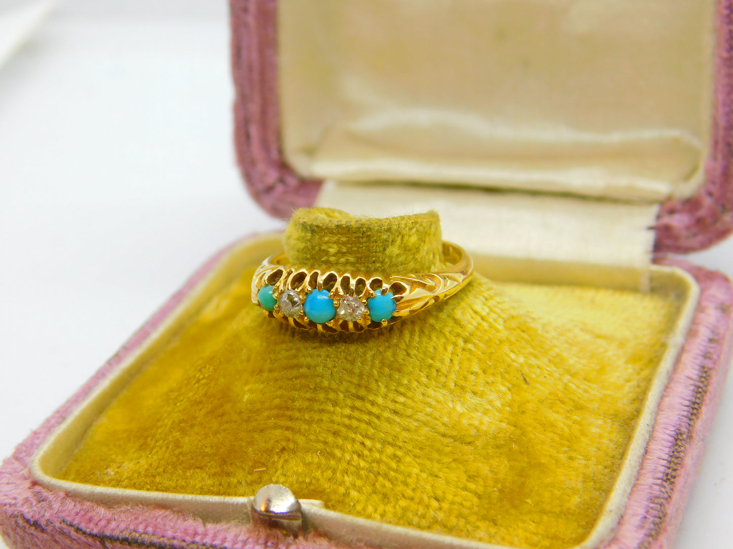 Edwardian 18ct Gold, Turquoise & 0.2ct Diamond Boat Ring 1902 London Antique