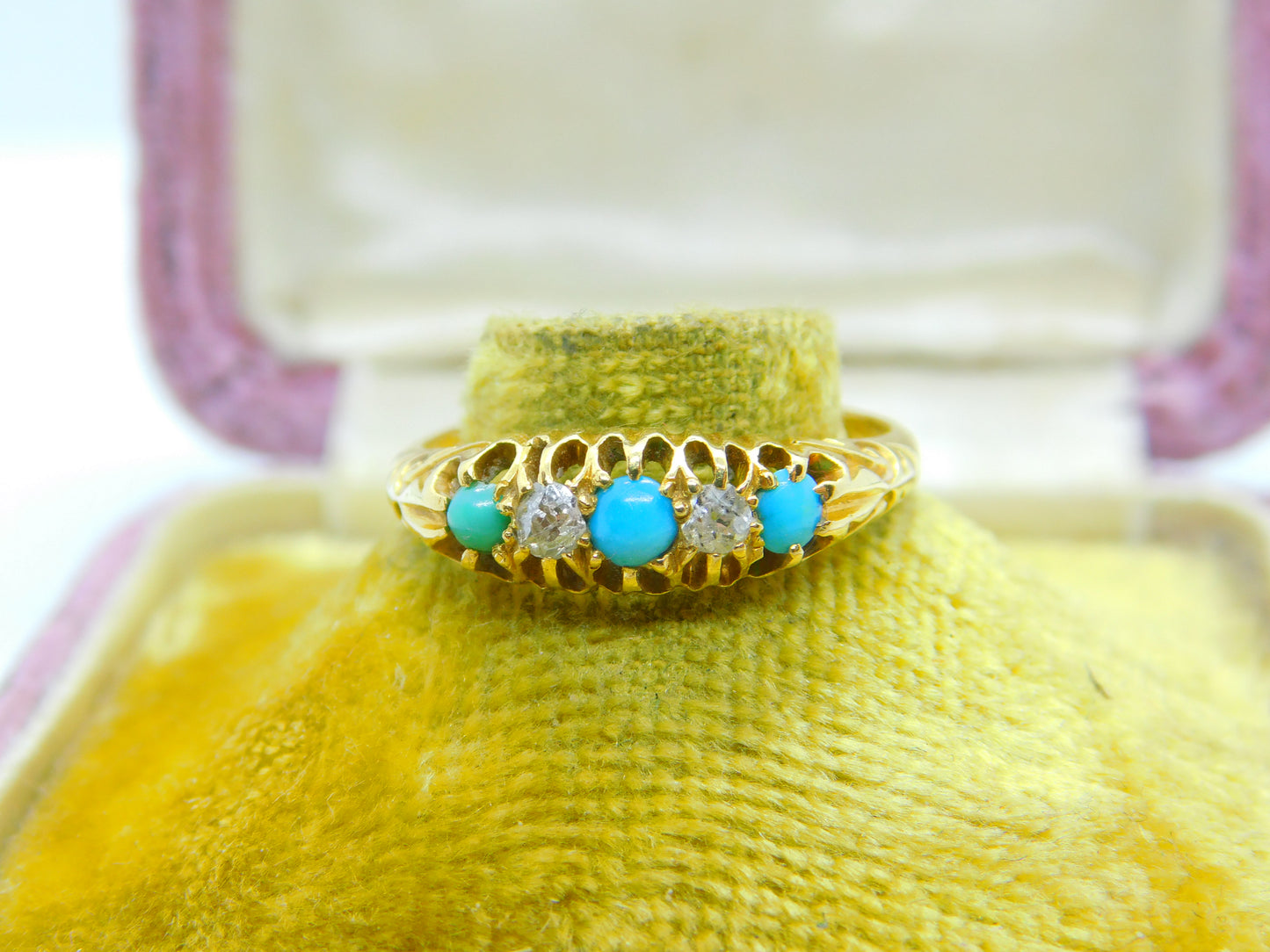 Edwardian 18ct Gold, Turquoise & 0.2ct Diamond Boat Ring 1902 London Antique