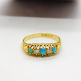 Edwardian 18ct Gold, Turquoise & 0.2ct Diamond Boat Ring 1902 London Antique