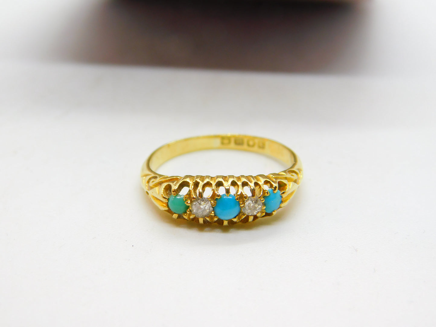 Edwardian 18ct Gold, Turquoise & 0.2ct Diamond Boat Ring 1902 London Antique