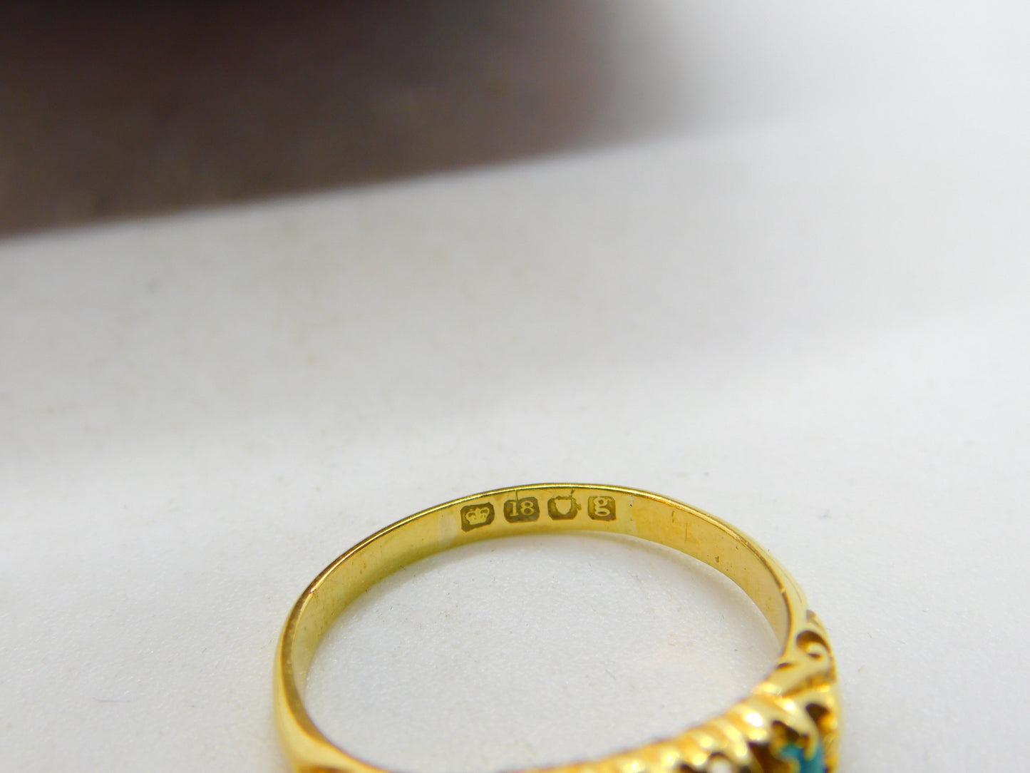 Edwardian 18ct Gold, Turquoise & 0.2ct Diamond Boat Ring 1902 London Antique