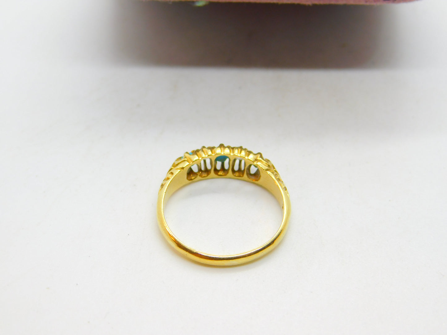 Edwardian 18ct Gold, Turquoise & 0.2ct Diamond Boat Ring 1902 London Antique