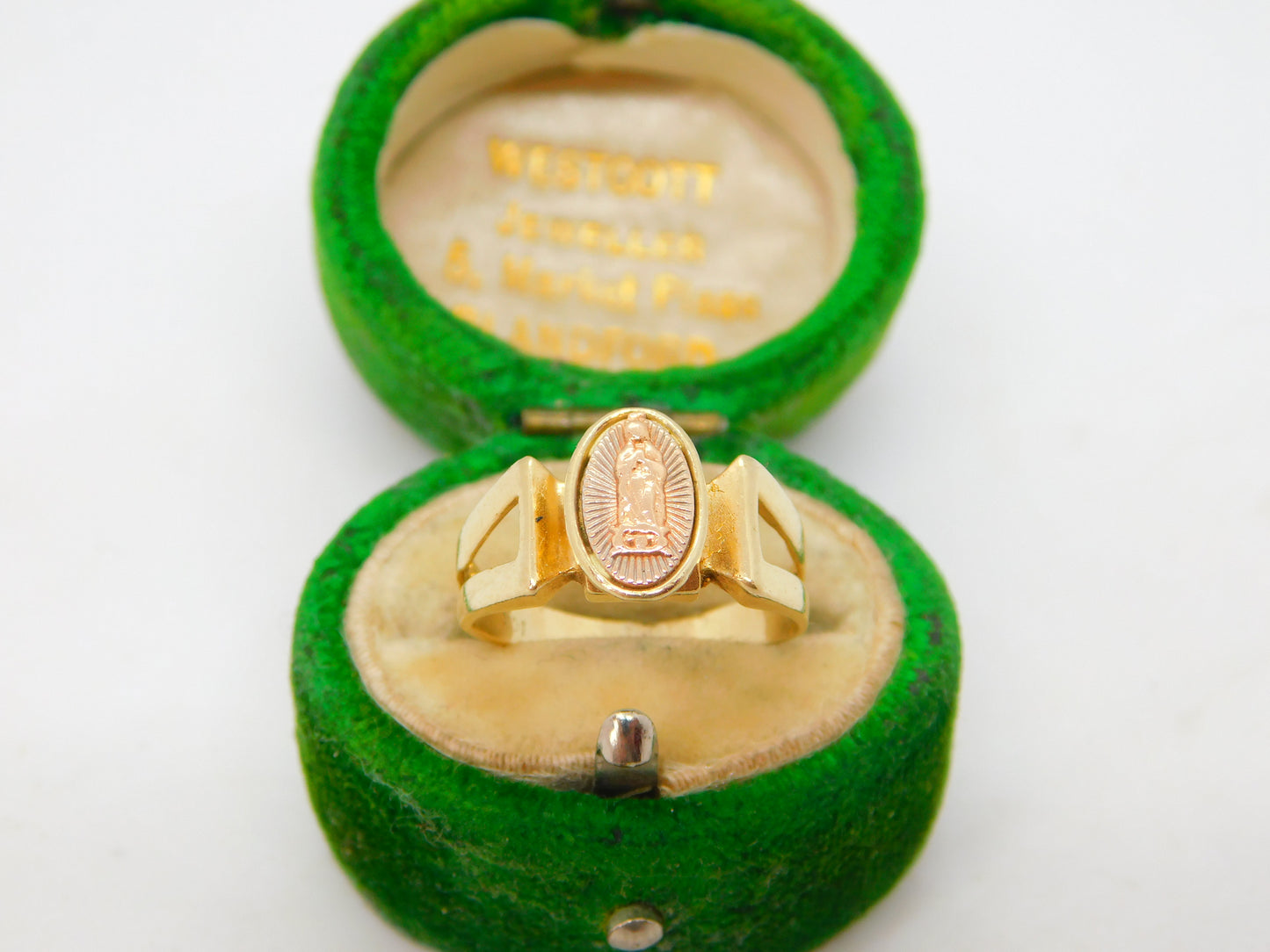 14ct Yellow & Rose Gold Catholic Religious Signet Ring Vintage c1960