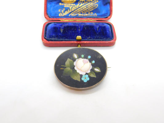 Victorian Sterling Silver Pietra Dura Floral Mosaic Brooch c1860 Antique