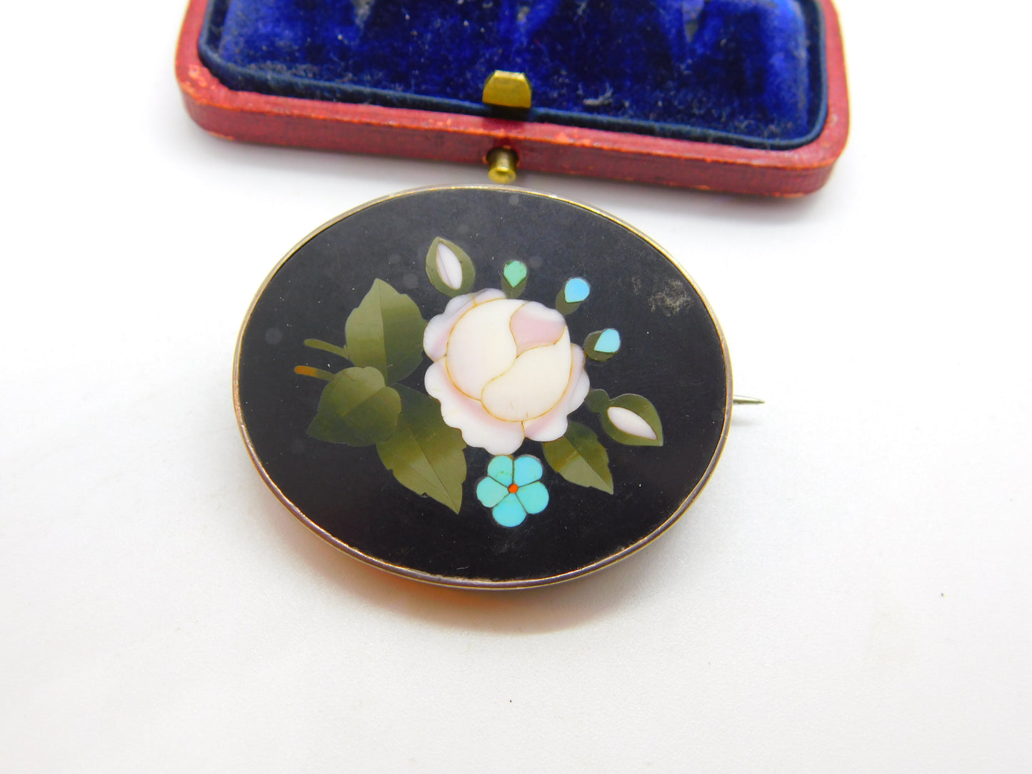 Victorian Sterling Silver Pietra Dura Floral Mosaic Brooch c1860 Antique