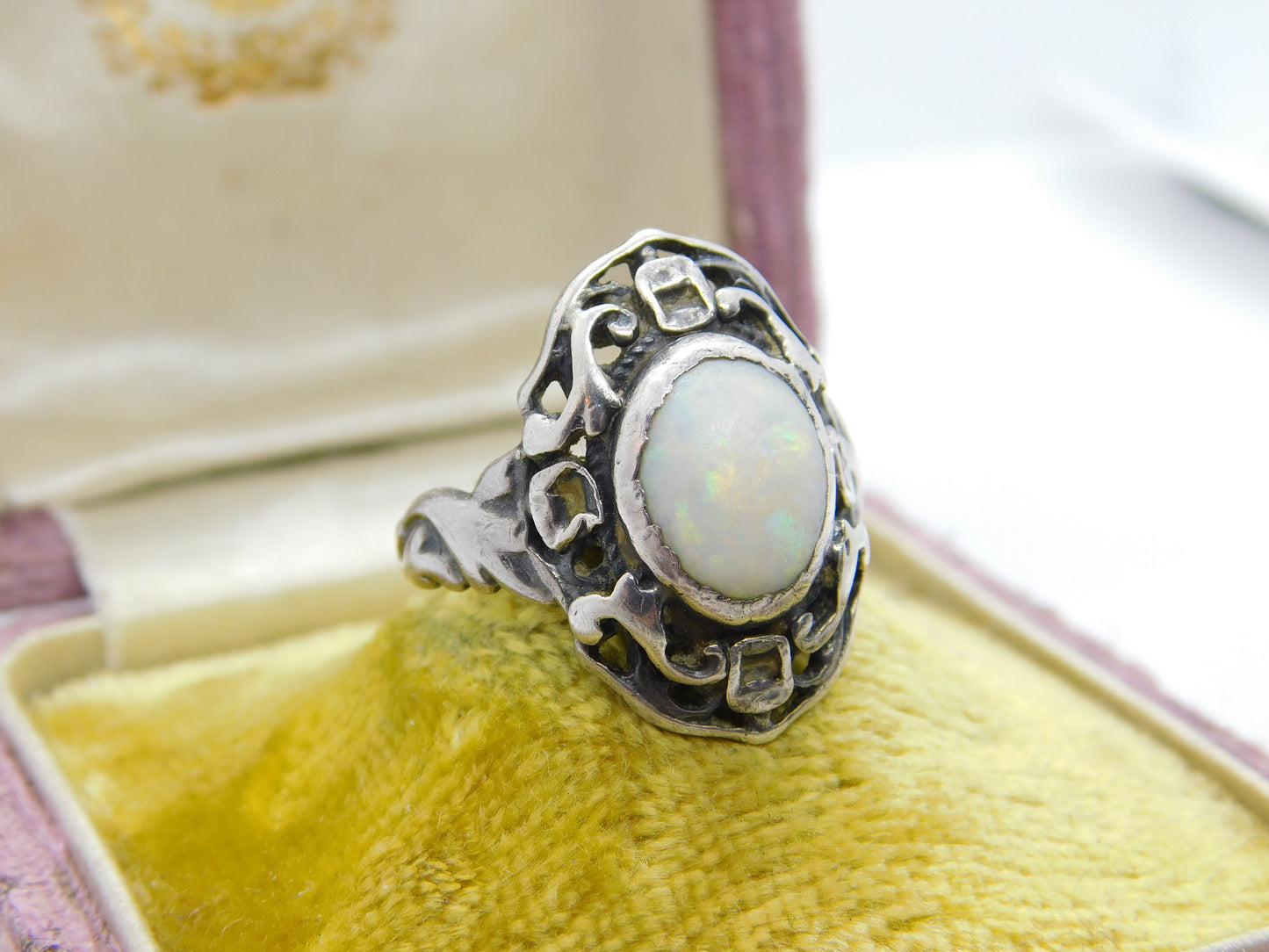 Arts & Crafts Sterling Silver & Cabochon Fire Opal Ring Antique c1920