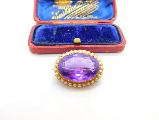 Victorian 15ct Yellow Gold, Amethyst & Pearl Set Sweetheart Brooch c1890