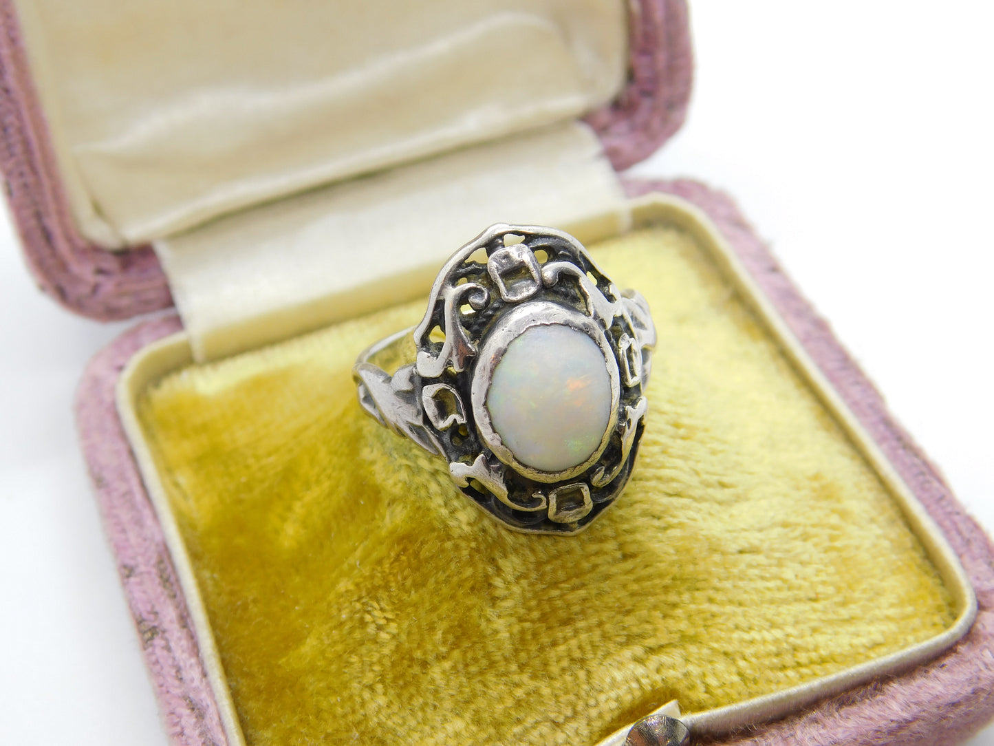 Arts & Crafts Sterling Silver & Cabochon Fire Opal Ring Antique c1920