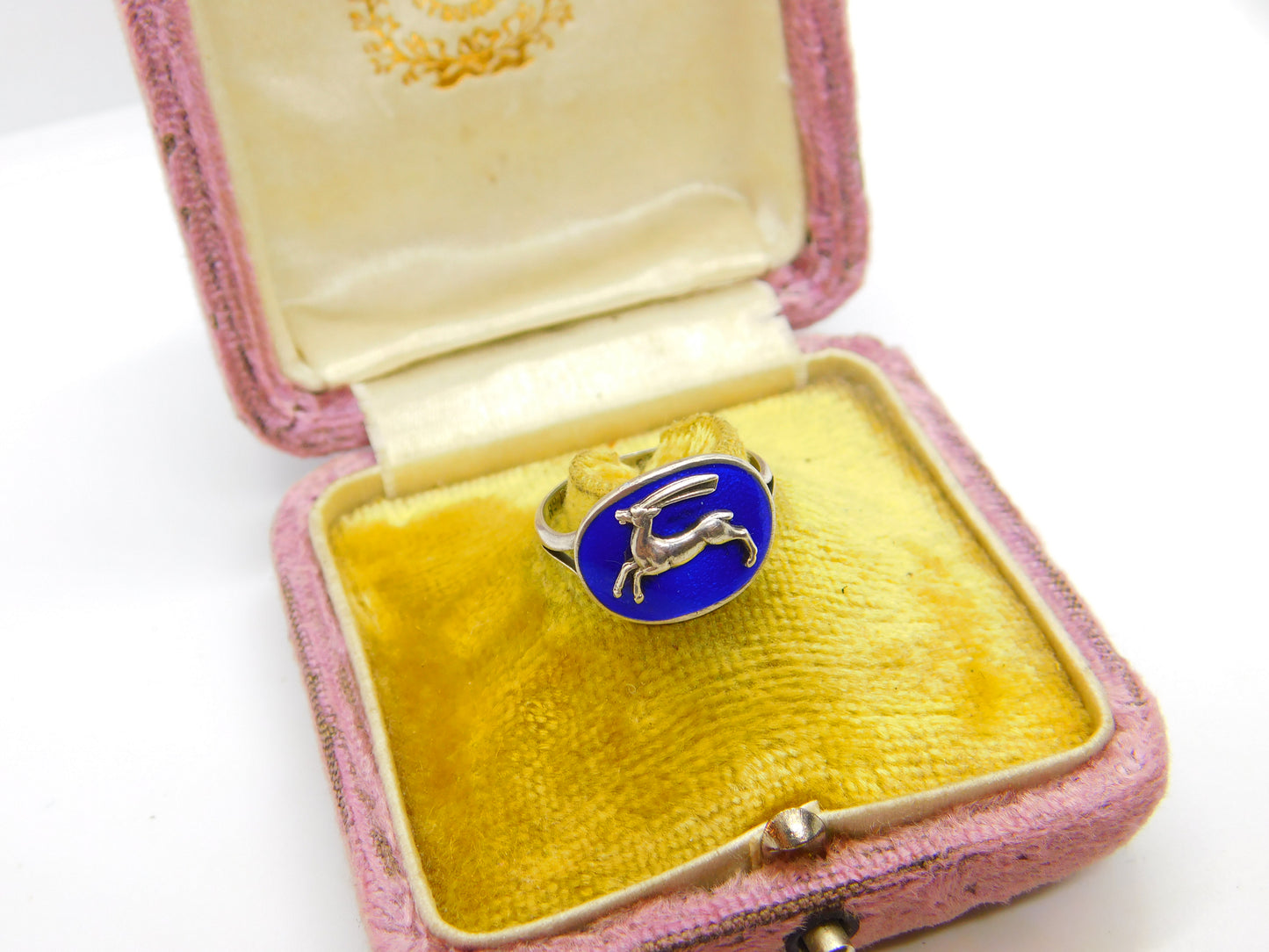 Sterling Silver Blue Enamel Capricorn the Goat Signet Ring Antique c1930 Deco