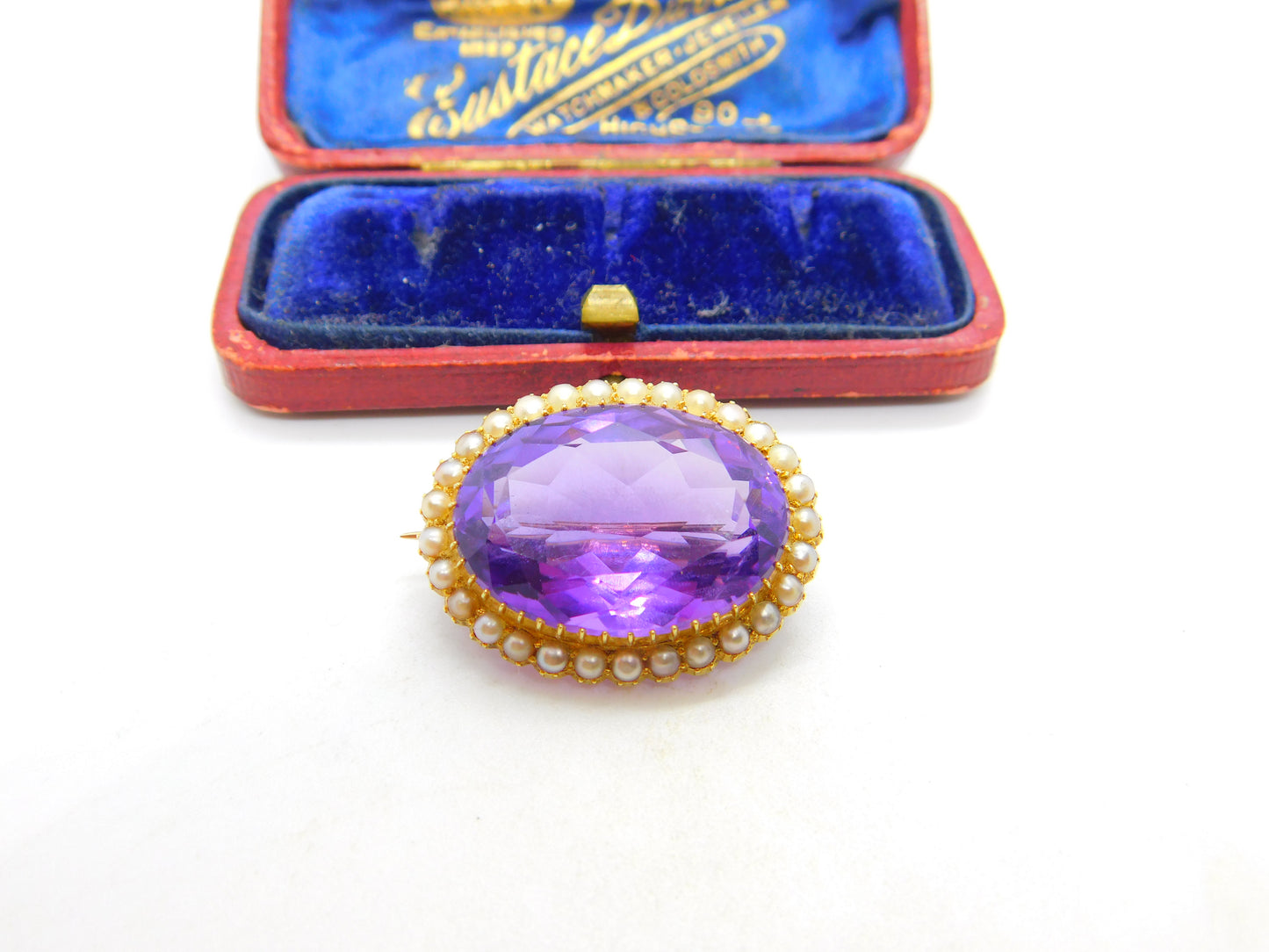 Victorian 15ct Yellow Gold, Amethyst & Pearl Set Sweetheart Brooch c1890