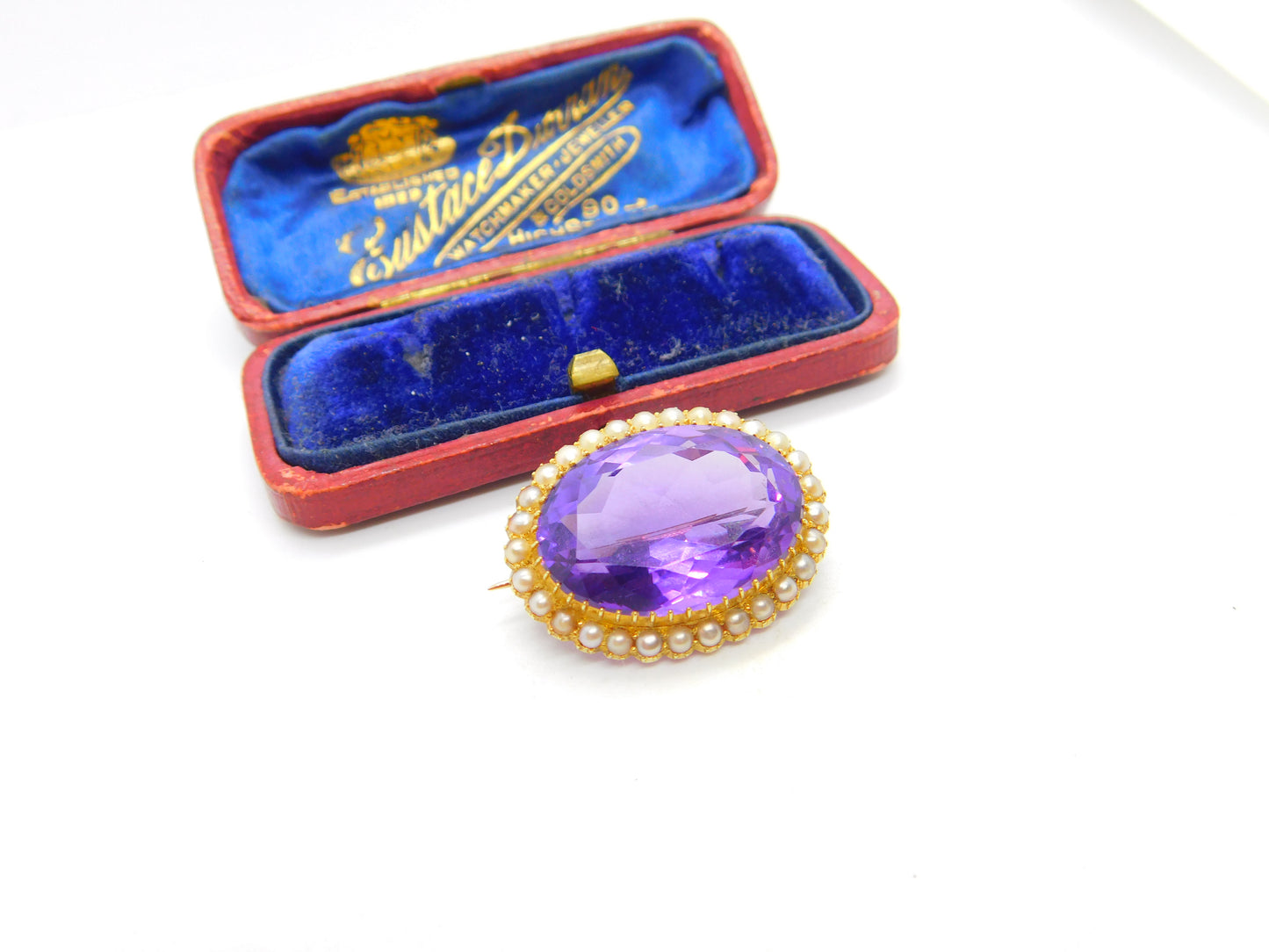 Victorian 15ct Yellow Gold, Amethyst & Pearl Set Sweetheart Brooch c1890