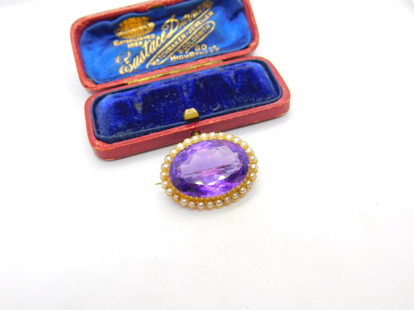 Victorian 15ct Yellow Gold, Amethyst & Pearl Set Sweetheart Brooch c1890