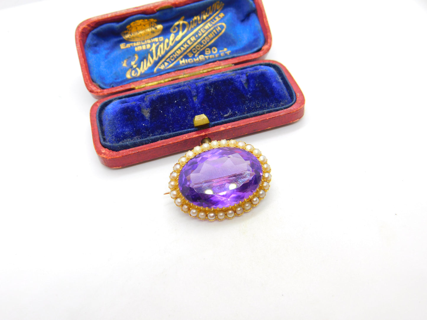 Victorian 15ct Yellow Gold, Amethyst & Pearl Set Sweetheart Brooch c1890