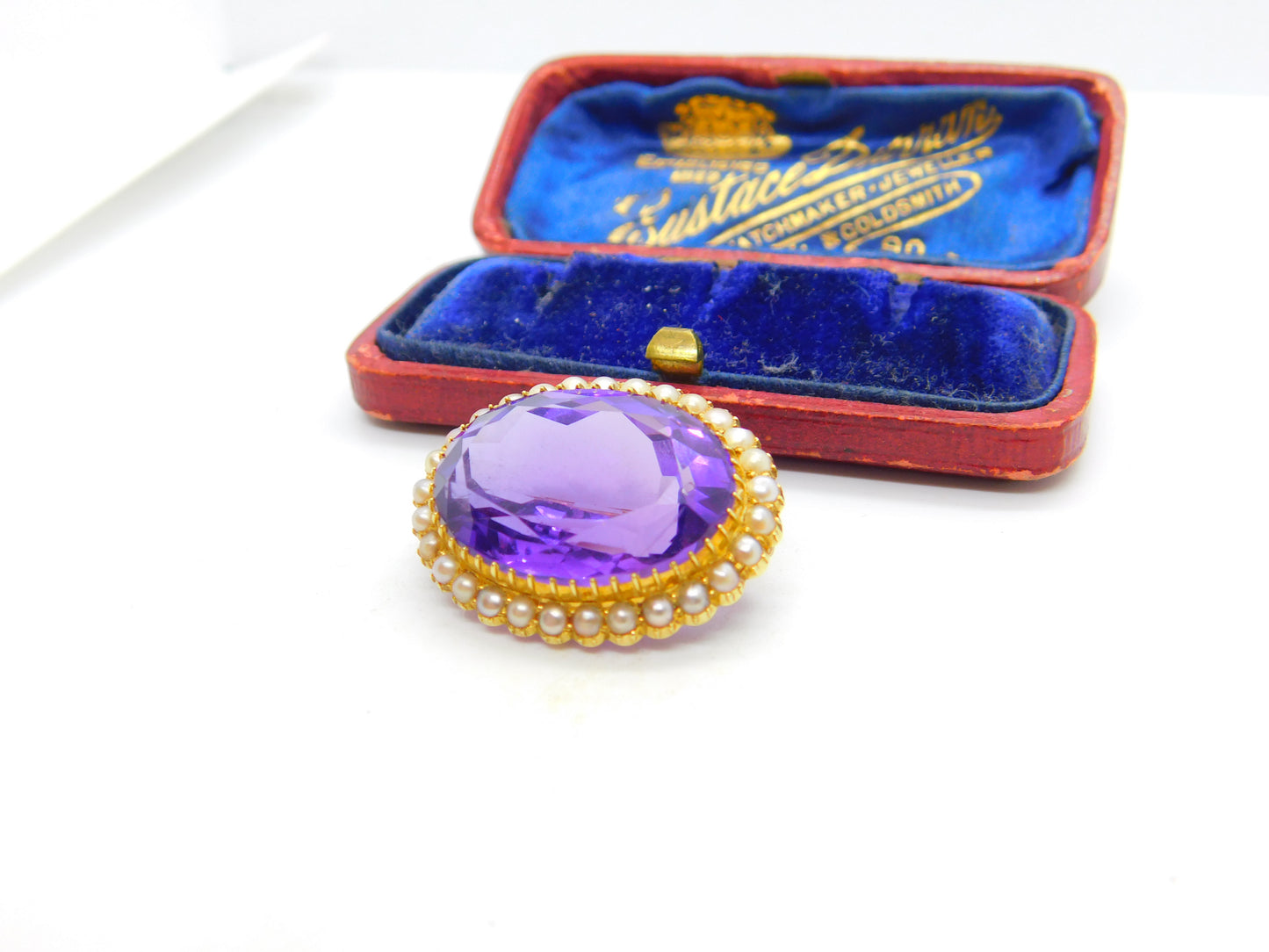 Victorian 15ct Yellow Gold, Amethyst & Pearl Set Sweetheart Brooch c1890