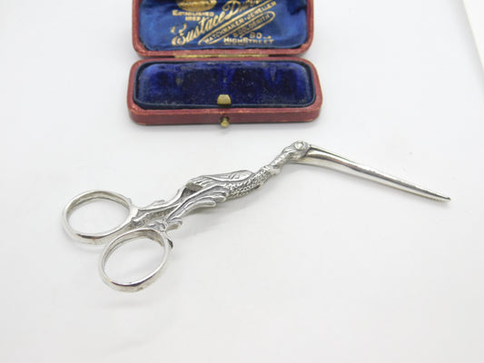 Pair of Sterling Silver Novelty Crane or Stork Sewing Scissors c1960 Vintage