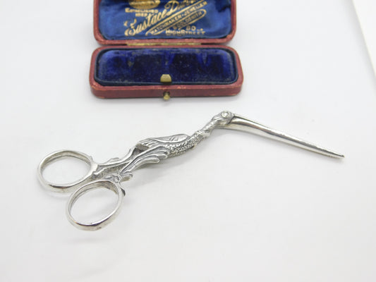 Pair of Sterling Silver Novelty Crane or Stork Sewing Scissors c1960 Vintage