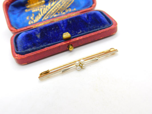 Victorian 15ct Gold, Platinum & Seed Pearl Floral Bar Brooch c1890 Antique