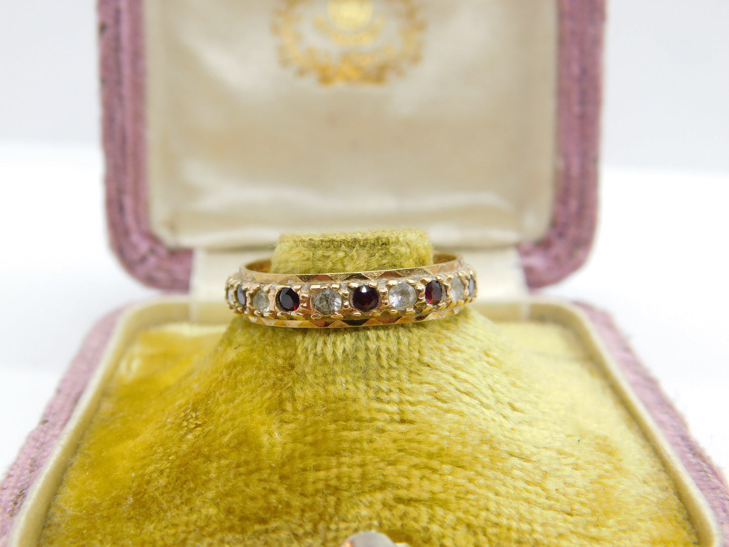 9ct Yellow Gold, Garnet & Diamond Paste Eternity Ring Vintage c1970 Birmingham