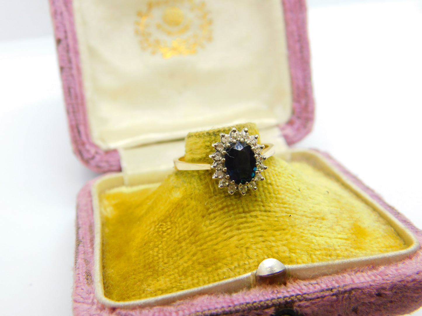 9ct Yellow Gold, Sapphire & Diamond Floral Cluster Ring 1973 London Vintage