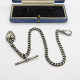 Edwardian Sterling Silver Albert Watch Chain with T-bar & Heart Antique 1905