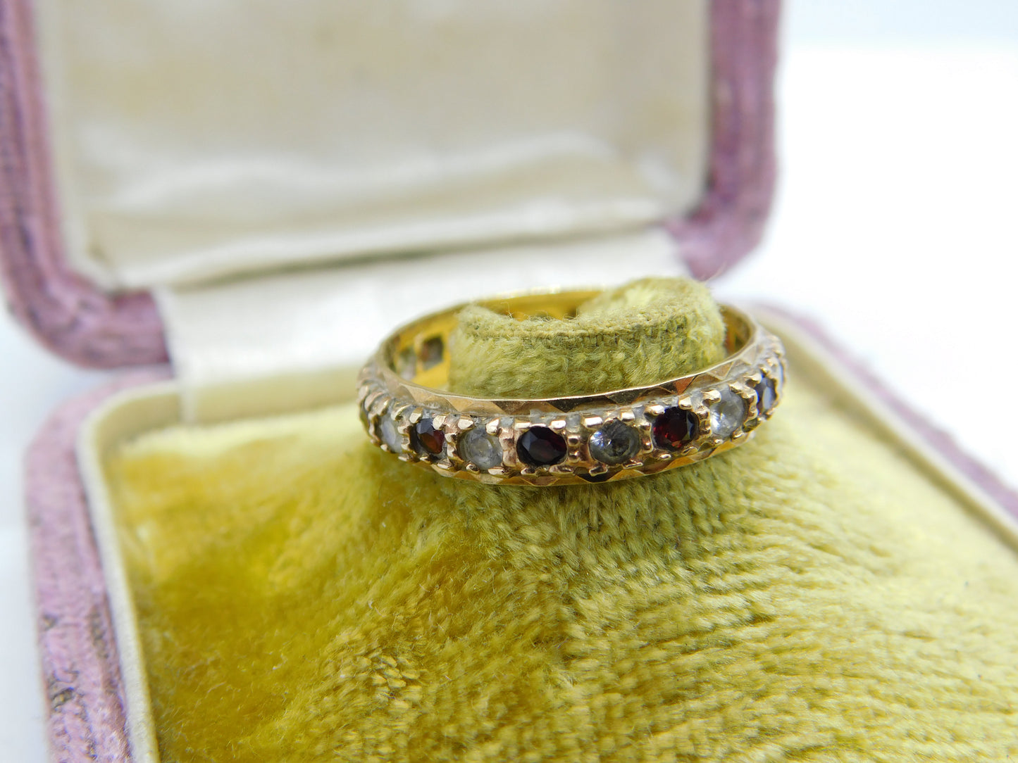 9ct Yellow Gold, Garnet & Diamond Paste Eternity Ring Vintage c1970 Birmingham