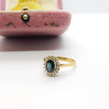 9ct Yellow Gold, Sapphire & Diamond Floral Cluster Ring 1973 London Vintage