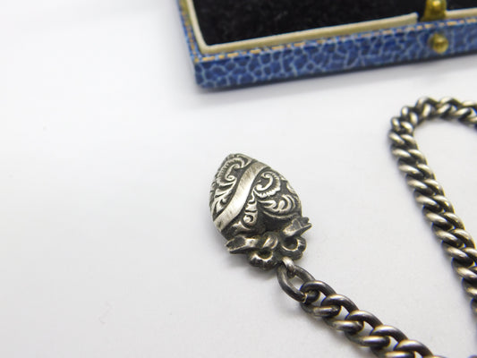 Edwardian Sterling Silver Albert Watch Chain with T-bar & Heart Antique 1905
