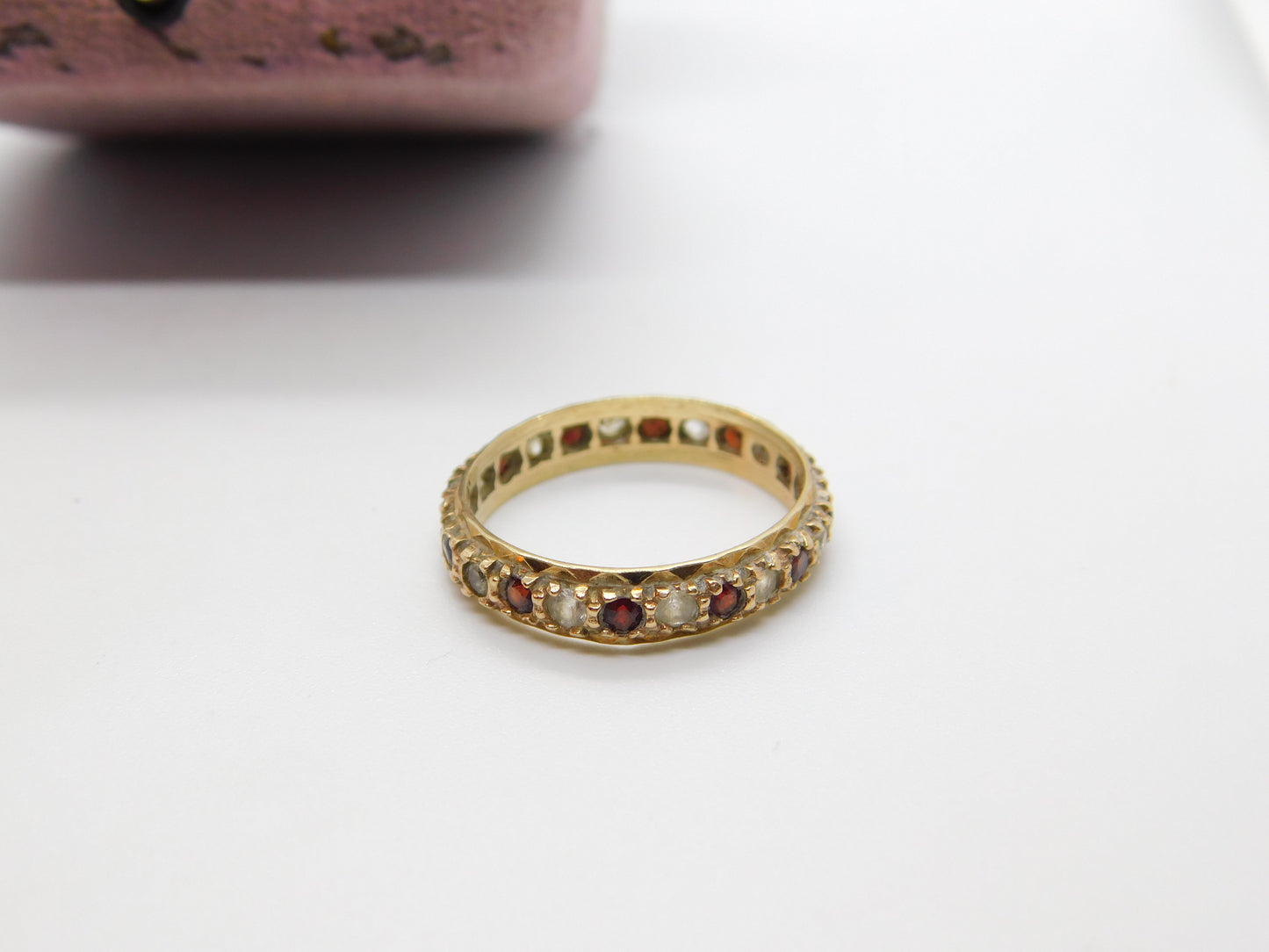 9ct Yellow Gold, Garnet & Diamond Paste Eternity Ring Vintage c1970 Birmingham