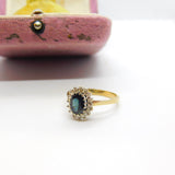 9ct Yellow Gold, Sapphire & Diamond Floral Cluster Ring 1973 London Vintage