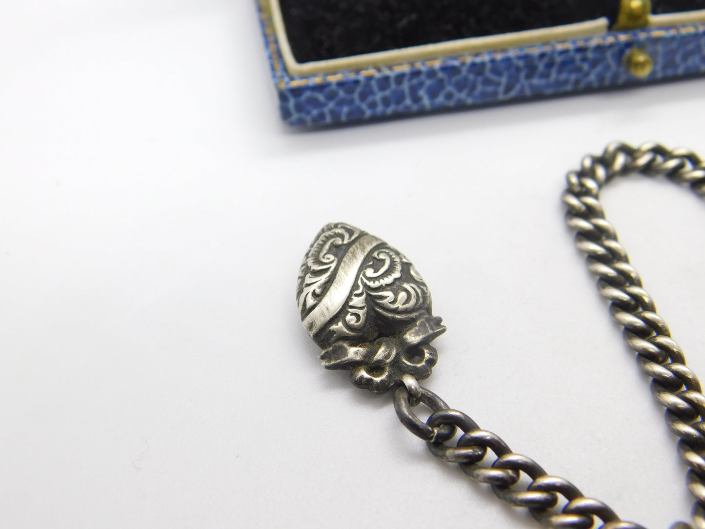 Edwardian Sterling Silver Albert Watch Chain with T-bar & Heart Antique 1905