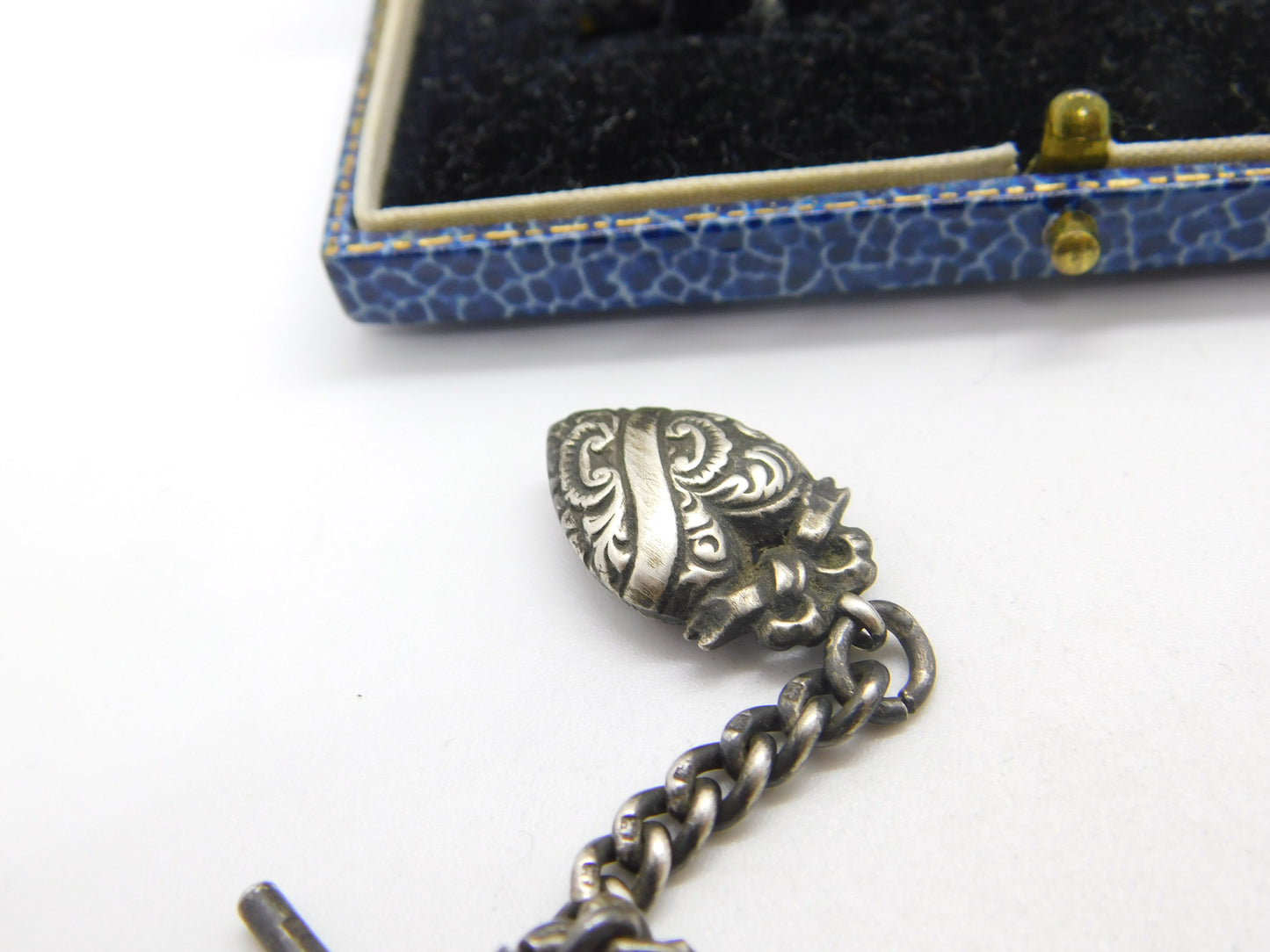 Edwardian Sterling Silver Albert Watch Chain with T-bar & Heart Antique 1905