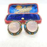 Chinese Export Sterling Silver Gilt, Enamel & Cabochon Rose Quartz Earrings