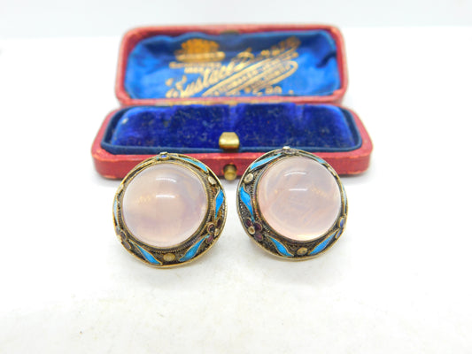 Chinese Export Sterling Silver Gilt, Enamel & Cabochon Rose Quartz Earrings